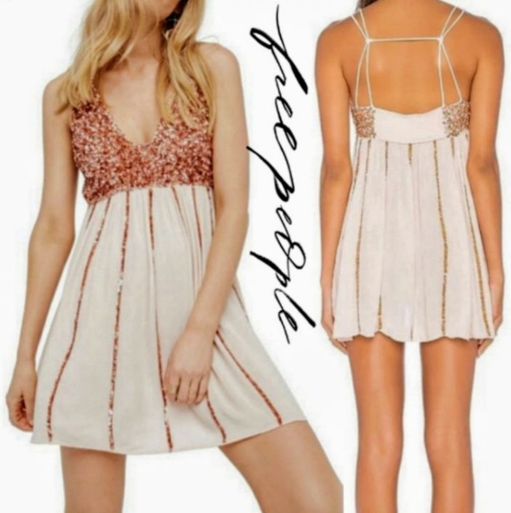 Free People Glitter Girl Sequin Rose Gold Embellished Mini Dress Medium - Picture 5 of 16